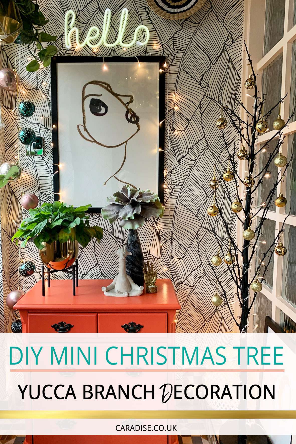 Entryway Christmas decorations with mini tree to the right and text overlay.
