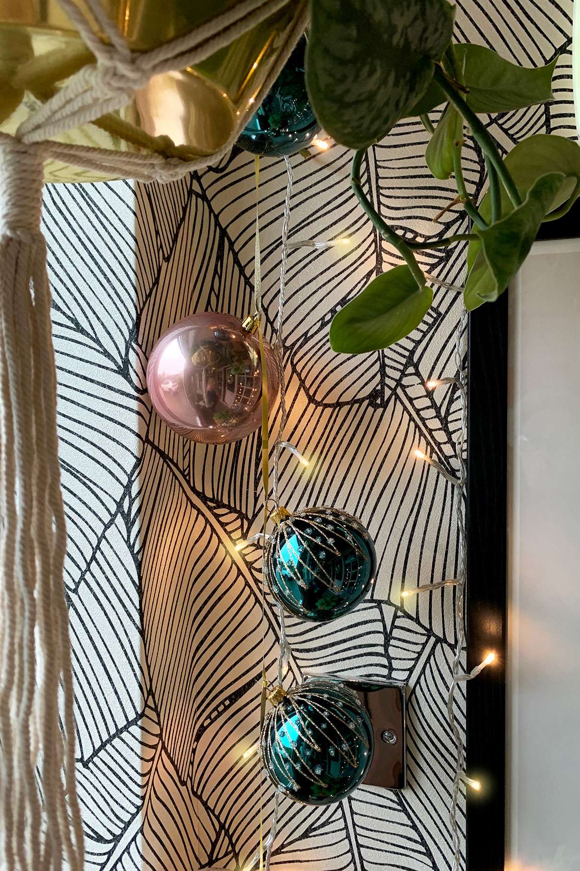 teal and blush pink hanging bauble Christmas decoration