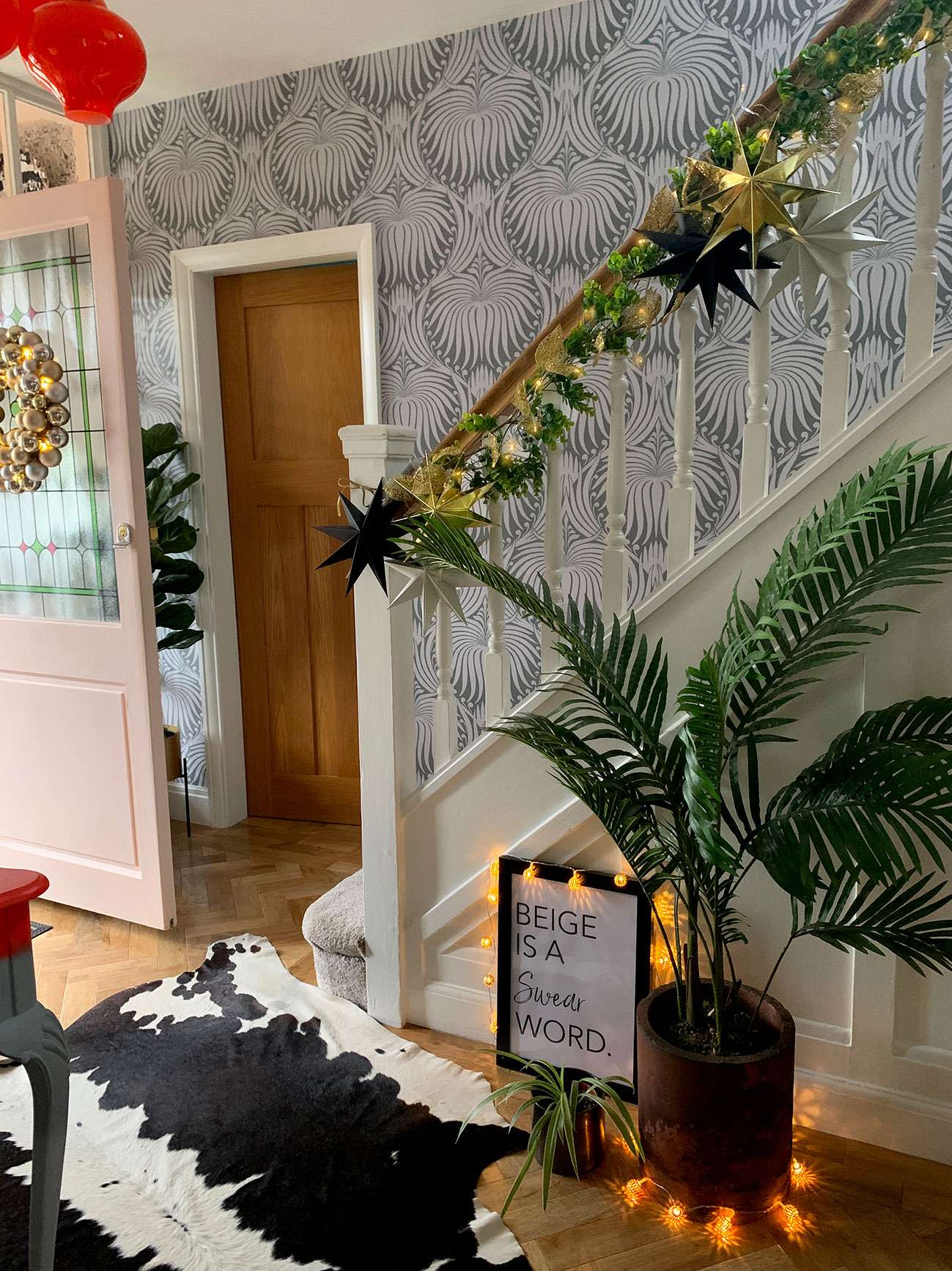 Hallway with Christmas stair rail garland