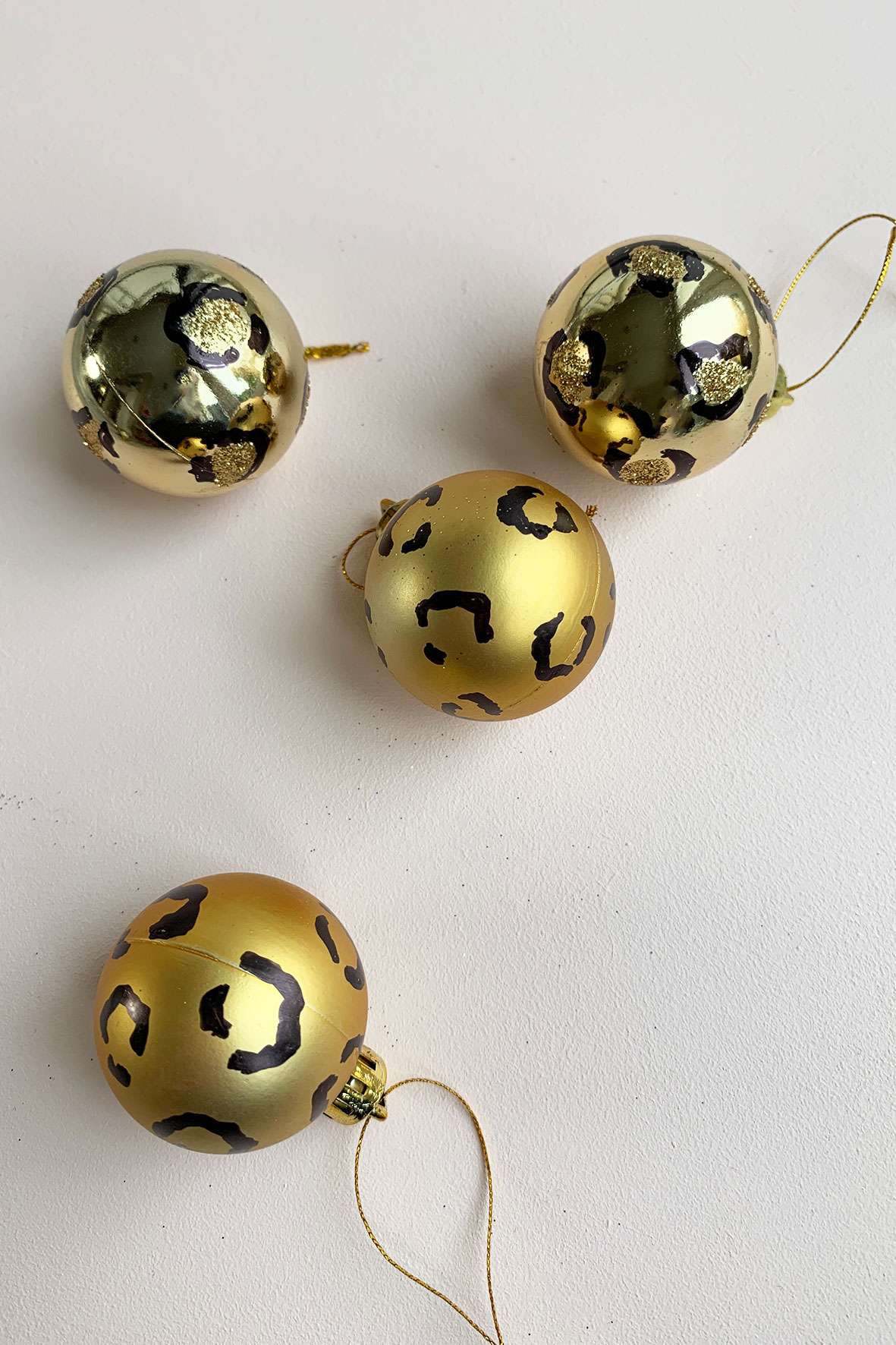 leopard print gold Christmas baubles
