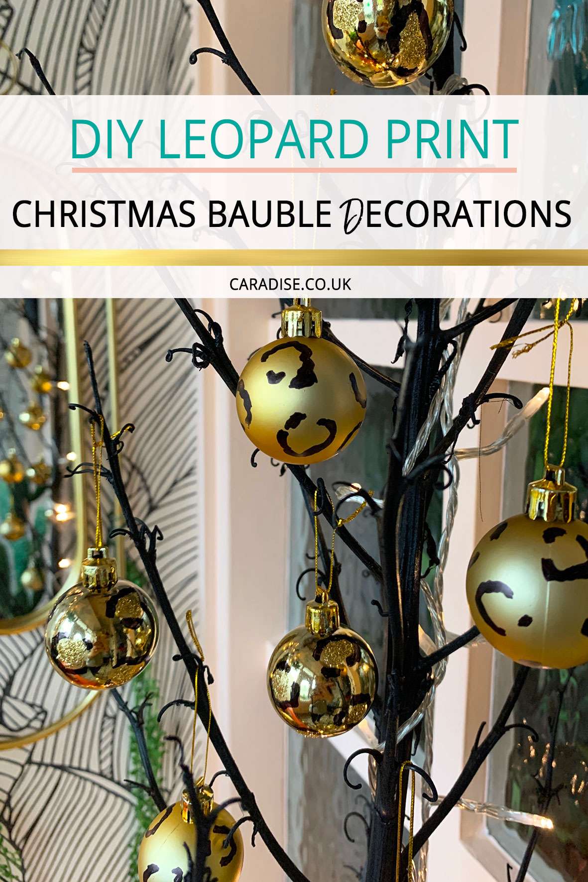 Gold leopard print Christmas baubles hanging on a black tree with text overlay