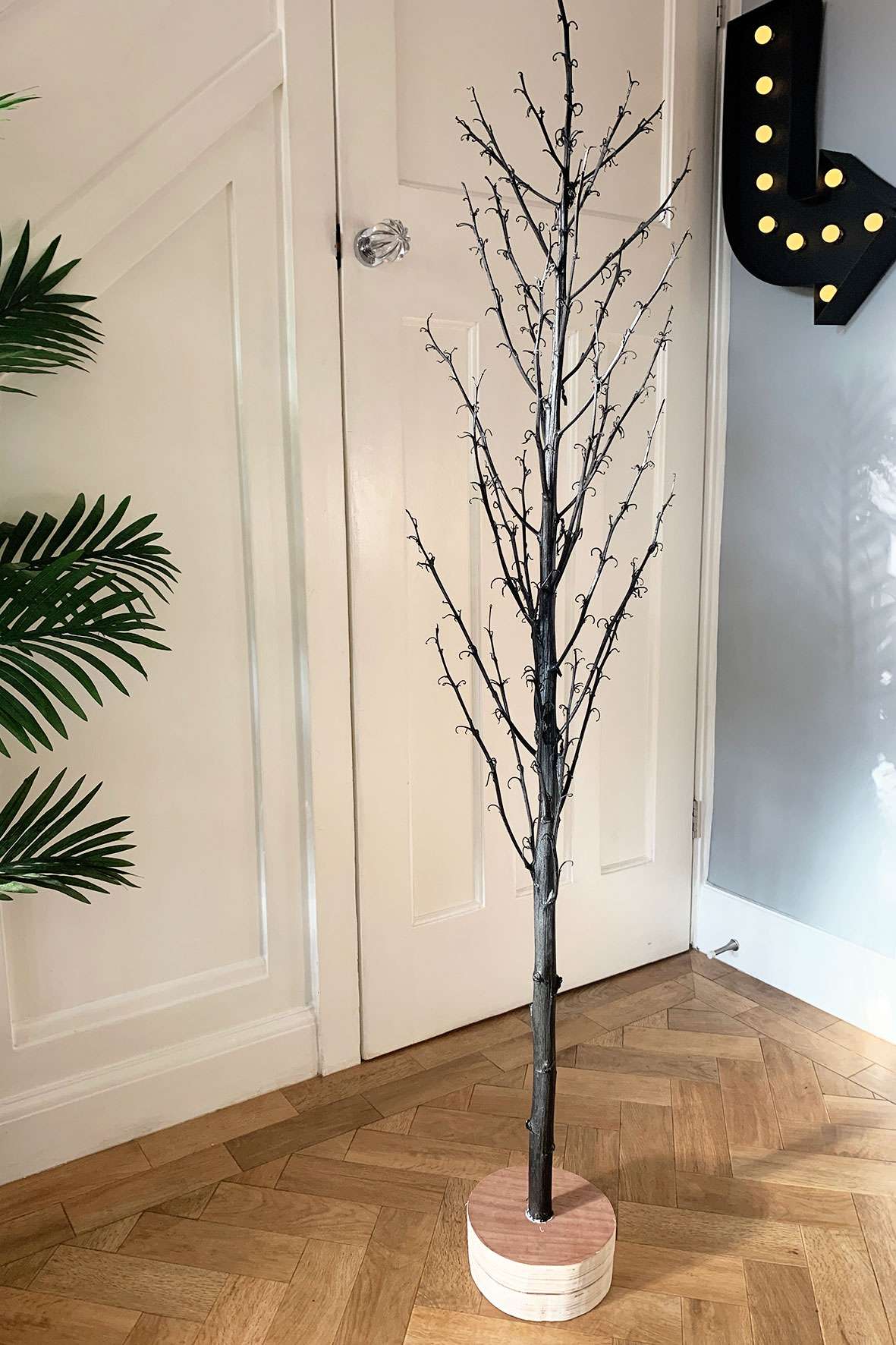 yucca flower spike branch painted black and mounted on a plywood stand in hallway