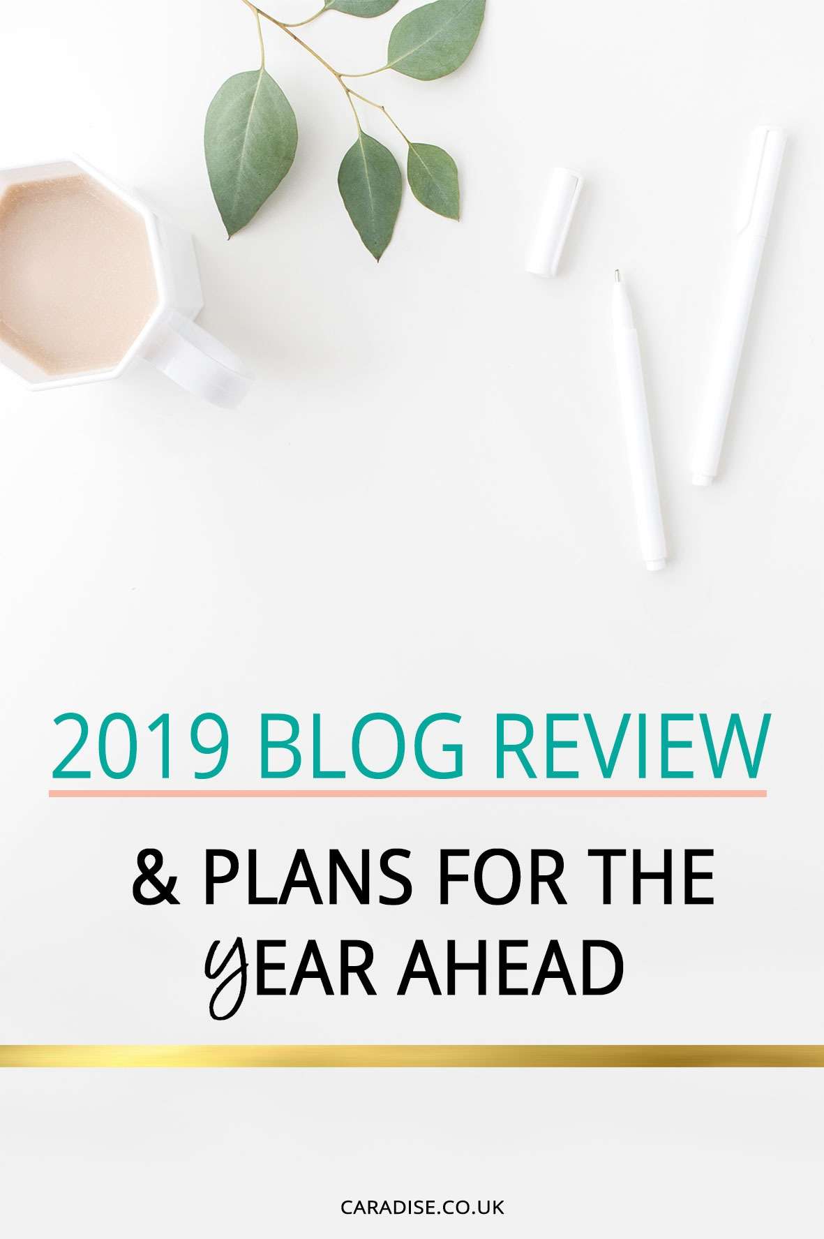flatly with cup of tea, leaf stem and pen with text overlay '2019 blog review'