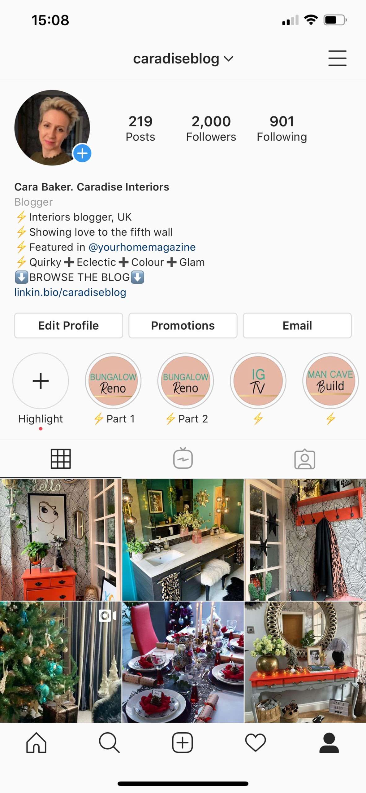 screenshot of interiors Instagram bio and page.