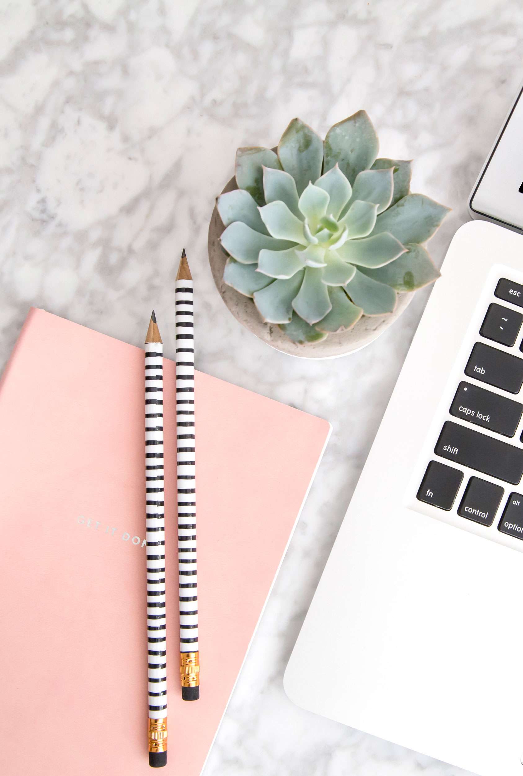 flatlay of book, pencils, succulent plant and part of a laptop on a marble background.
