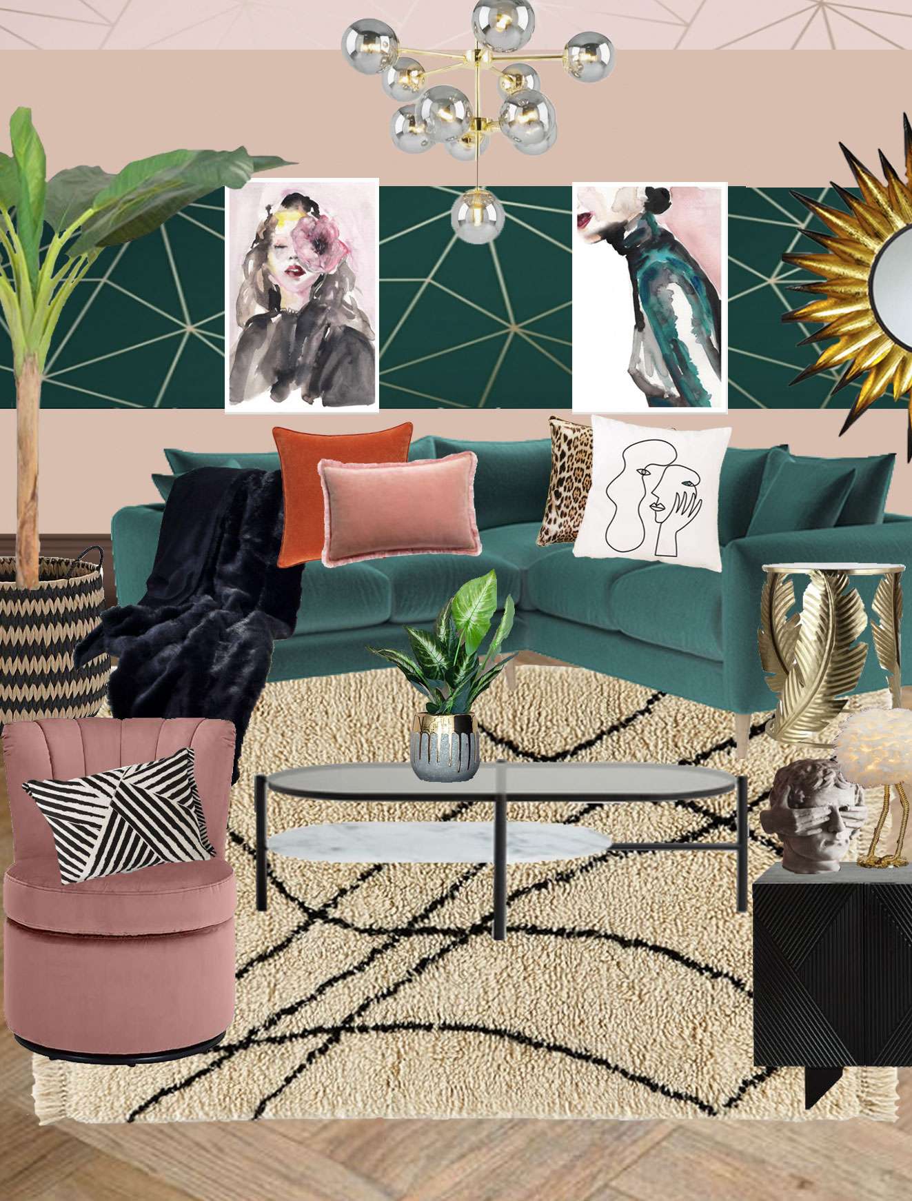 Teal and blush living room mood board