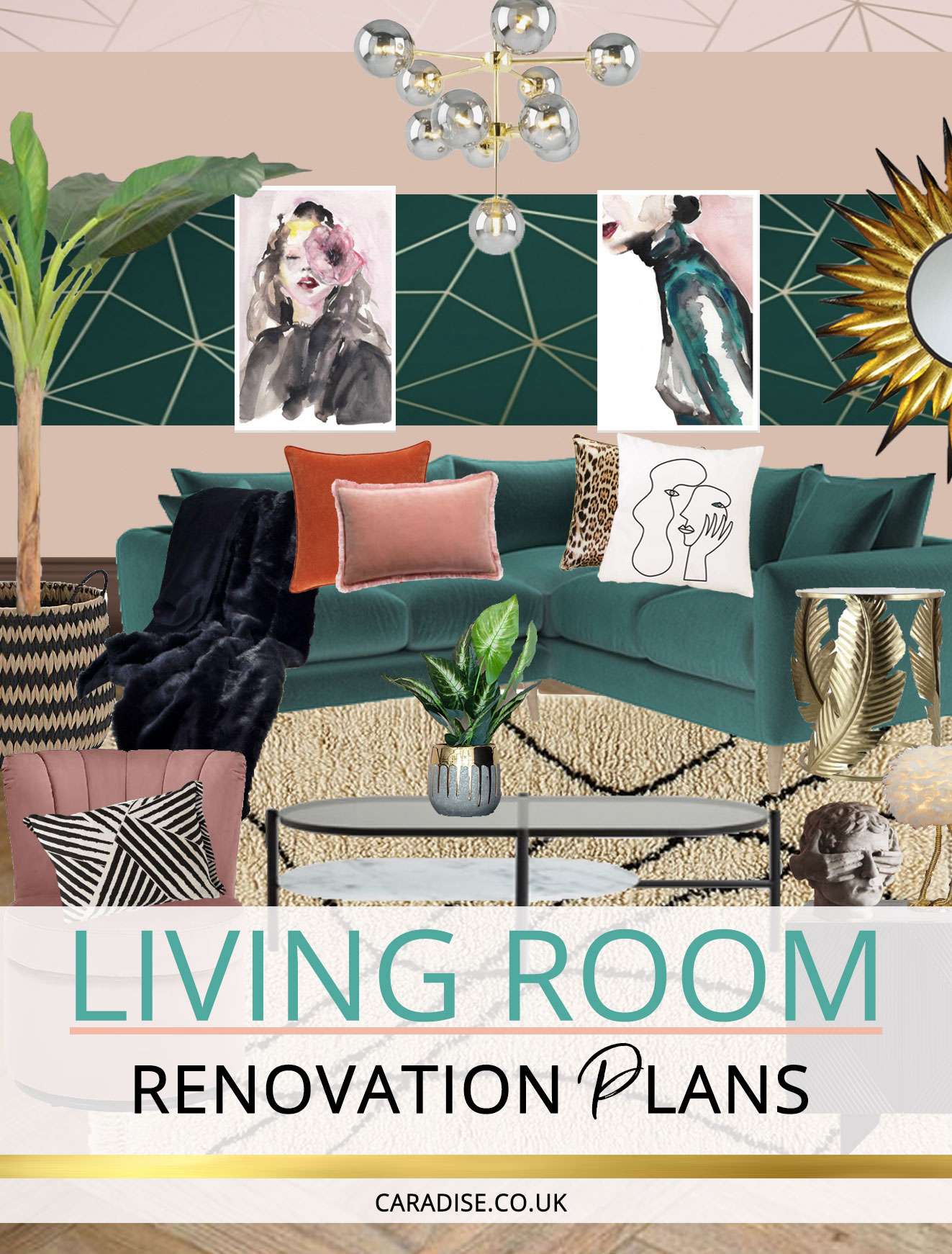 Teal and blush living room mood board with text overlay