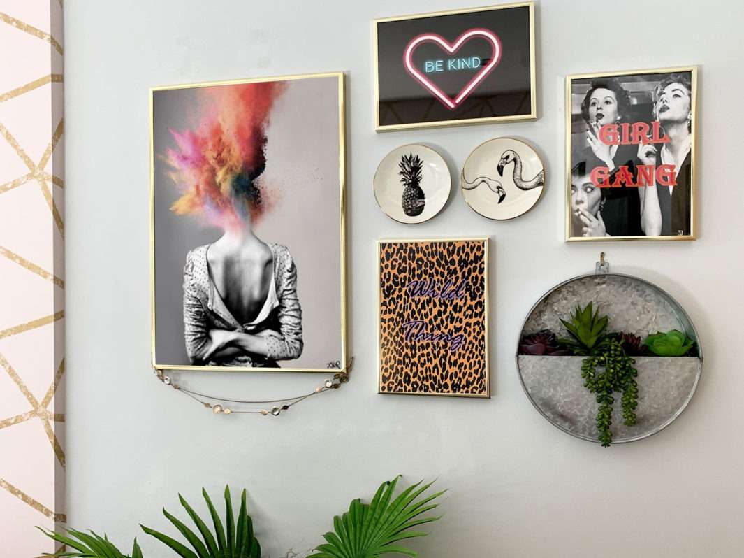 gallery wall with typography colourful prints.