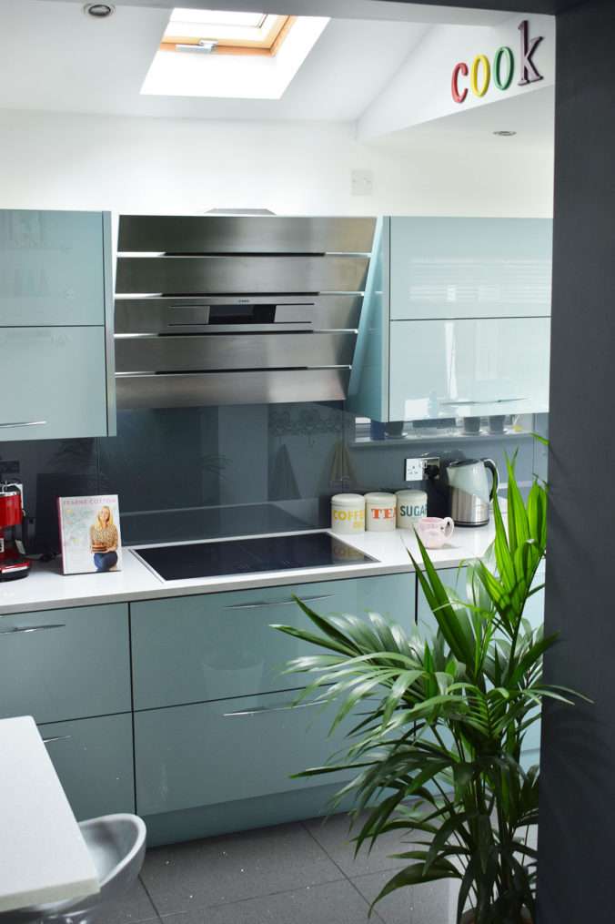 blue fitted kitchen with hob and extraction and large palm plant by grey column.