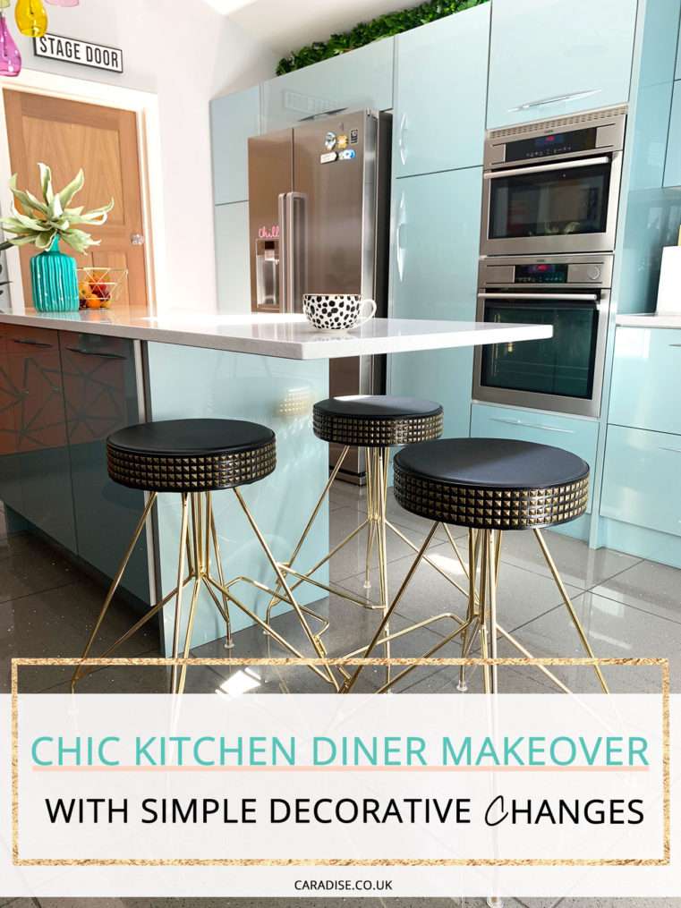 kitchen island with gold and black studded stools and mug on quartz counter top with text overlay.