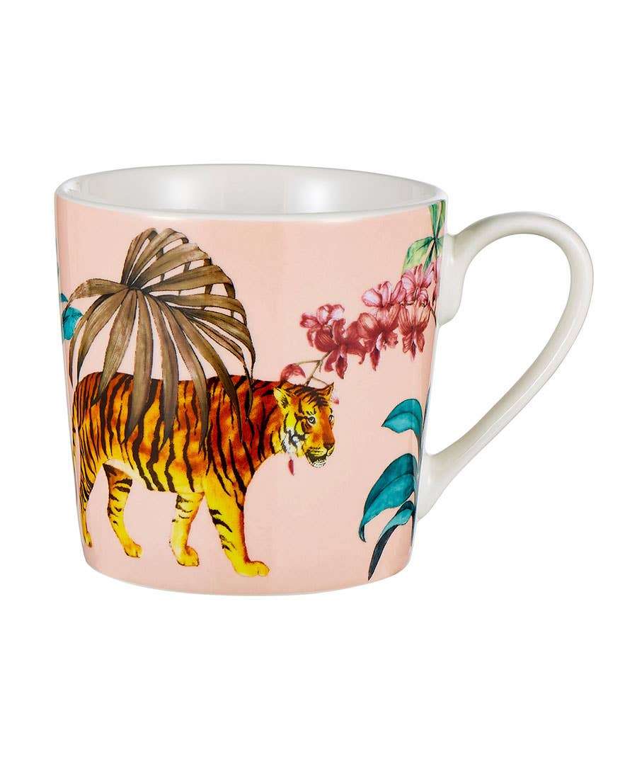 Tropical pink mug with a picture of a tiger on a white background.