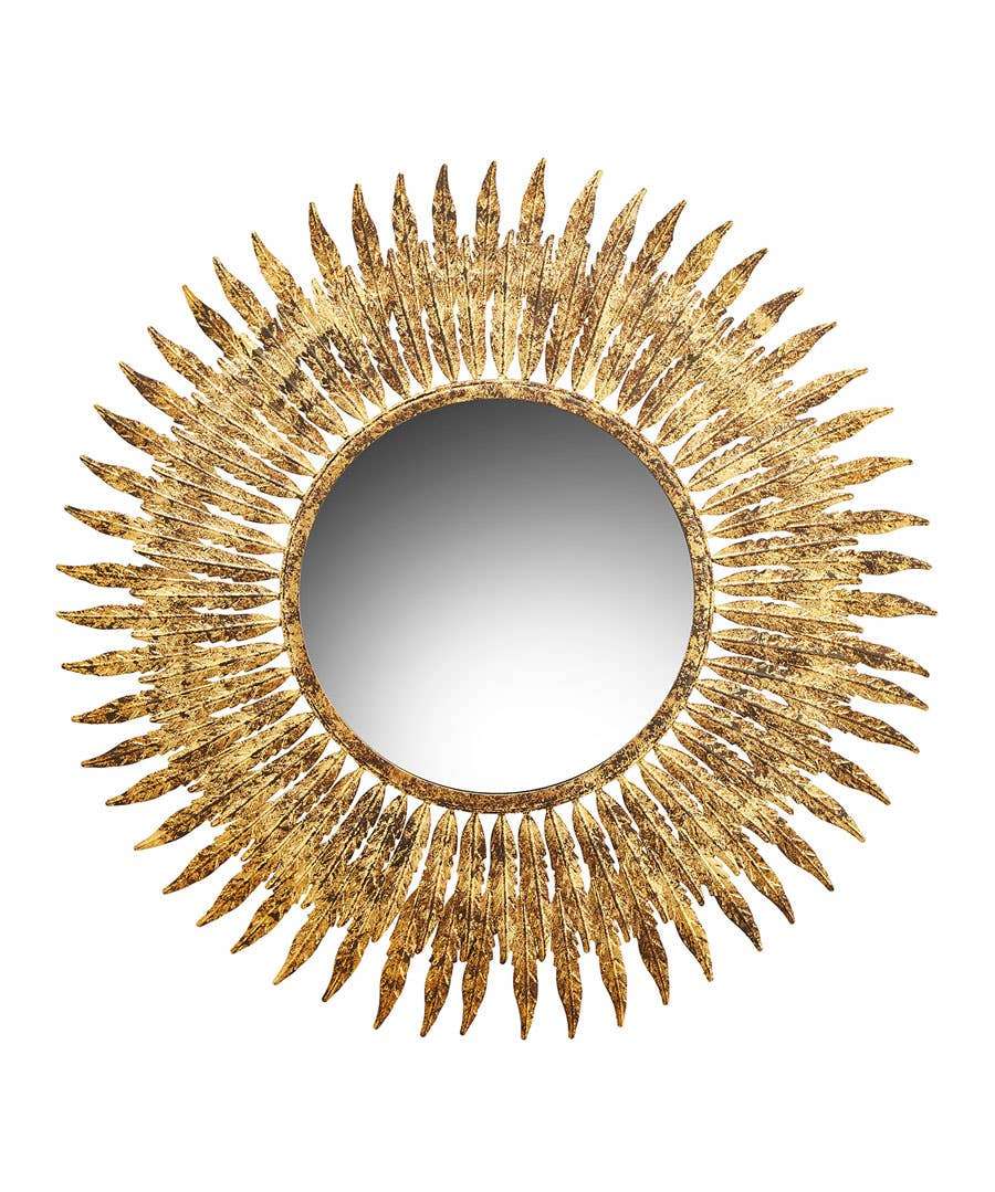 Round gold feather mirror on a white background.